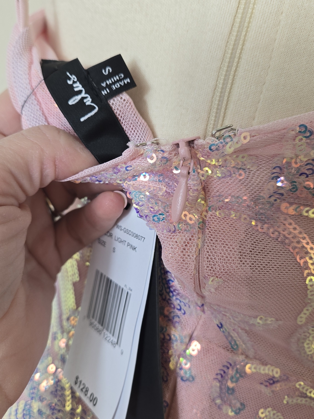 Lulus Strapless Pink Gown with Iridescent Blue Sequin Motif - Picture 3 of 3